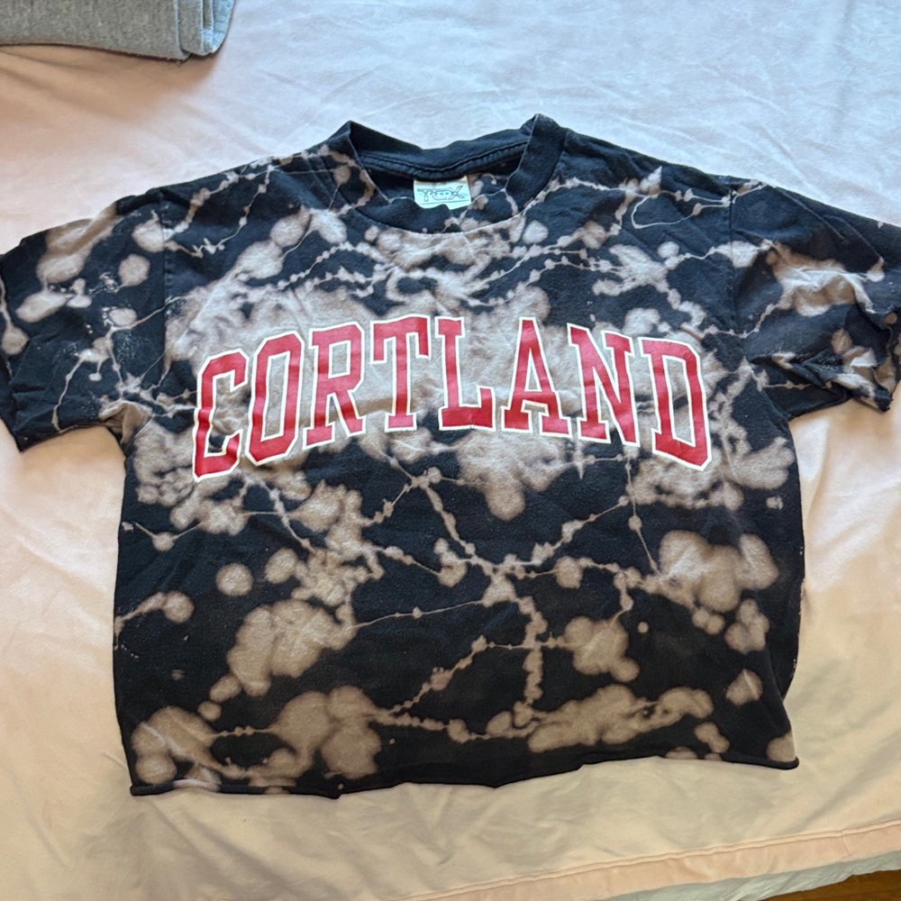 CORTLAND  Black Tie-Dye Short Sleeve Tee with Red Lettering